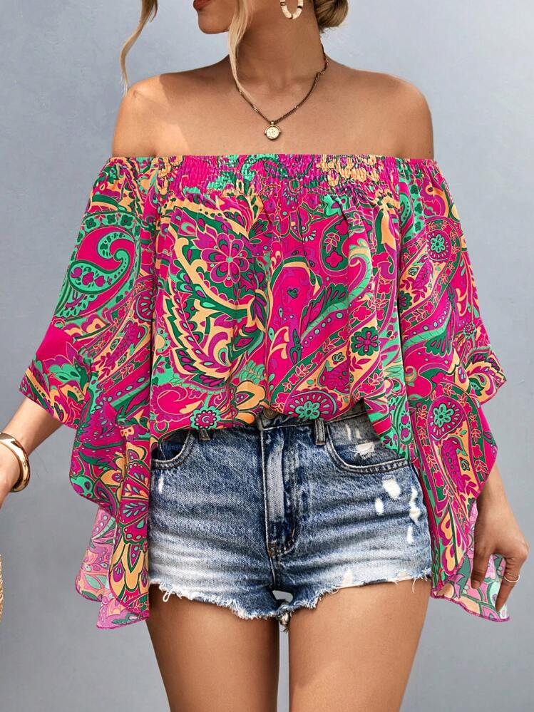 SHEIN LUNE Women's Casual Off-Shoulder Shirt With Random Print,Long Sleeve Tops | SHEIN