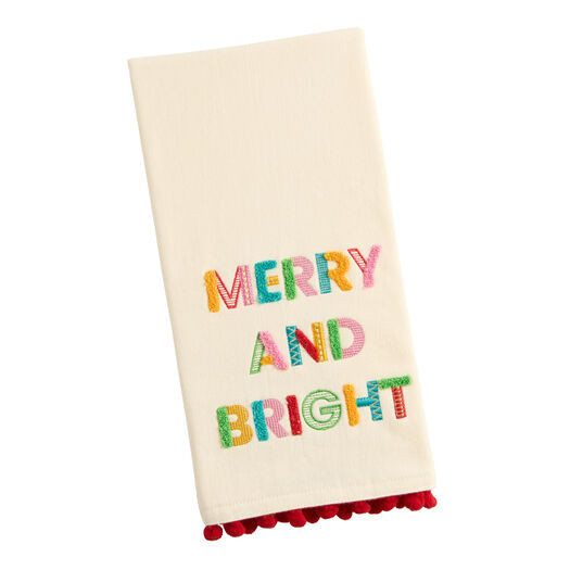 White Multicolor Merry and Bright Embroidered Hand Towel by World Market | World Market