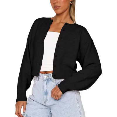 Women's Cropped Cardigan Sweaters Long Sleeve Button Down Sweaters Knit Cardigan Cute  Open Front Crop Top Black S | Target