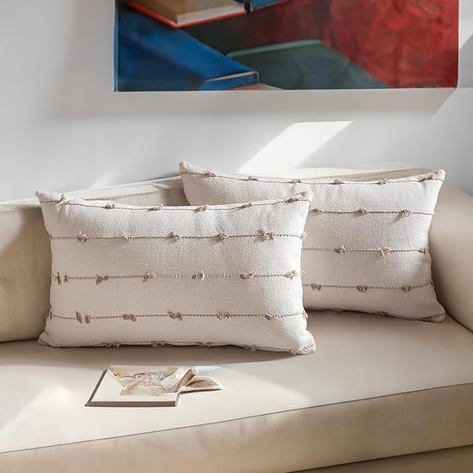 Boho Throw Pillow Covers 12x20 Set of 2 Modern Farmhouse Decorative Linen Square Cushion Case for... | Amazon (US)