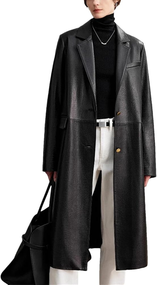 Women's Croc-Embossed Trench - Long Black Crocodile Texture Genuine Sheepskin Coat | Amazon (US)