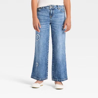 Girls' Distressed Heart Wide Leg Jeans - Cat & Jack™ Dark Wash | Target