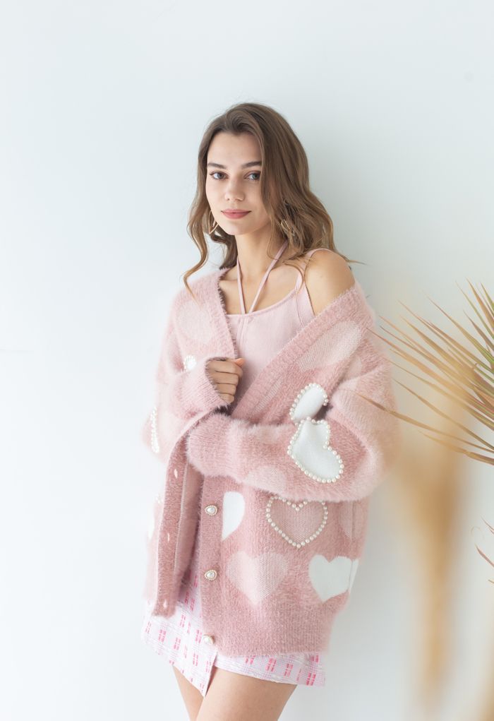 Pearly Contrast Heart Soft Fuzzy Knit Cardigan in Pink | Chicwish