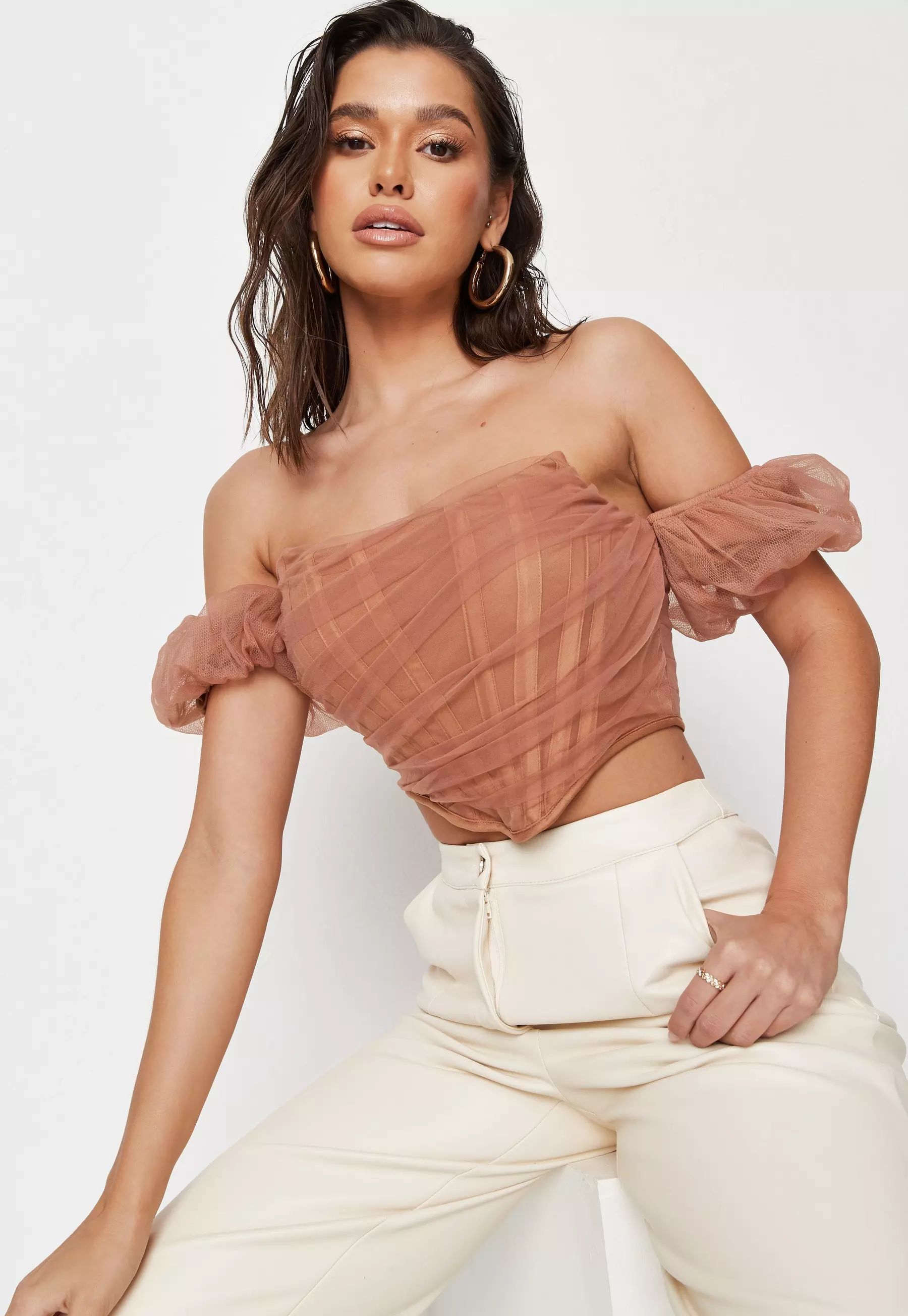 Brown Mesh Puff Sleeve Overlay Corset Top | Missguided (UK & IE)