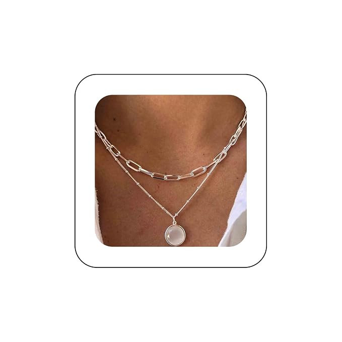 Boho Layered Moonstone Necklace Silver Opal Moonstone Pendant Necklace Paper Clip Chain Choker Ne... | Amazon (US)