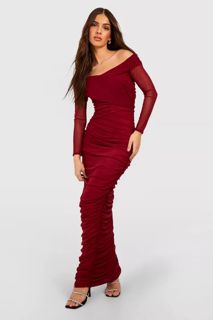 Rouched Mesh Off The Shoulder Maxi Dress | Boohoo.com (UK & IE)