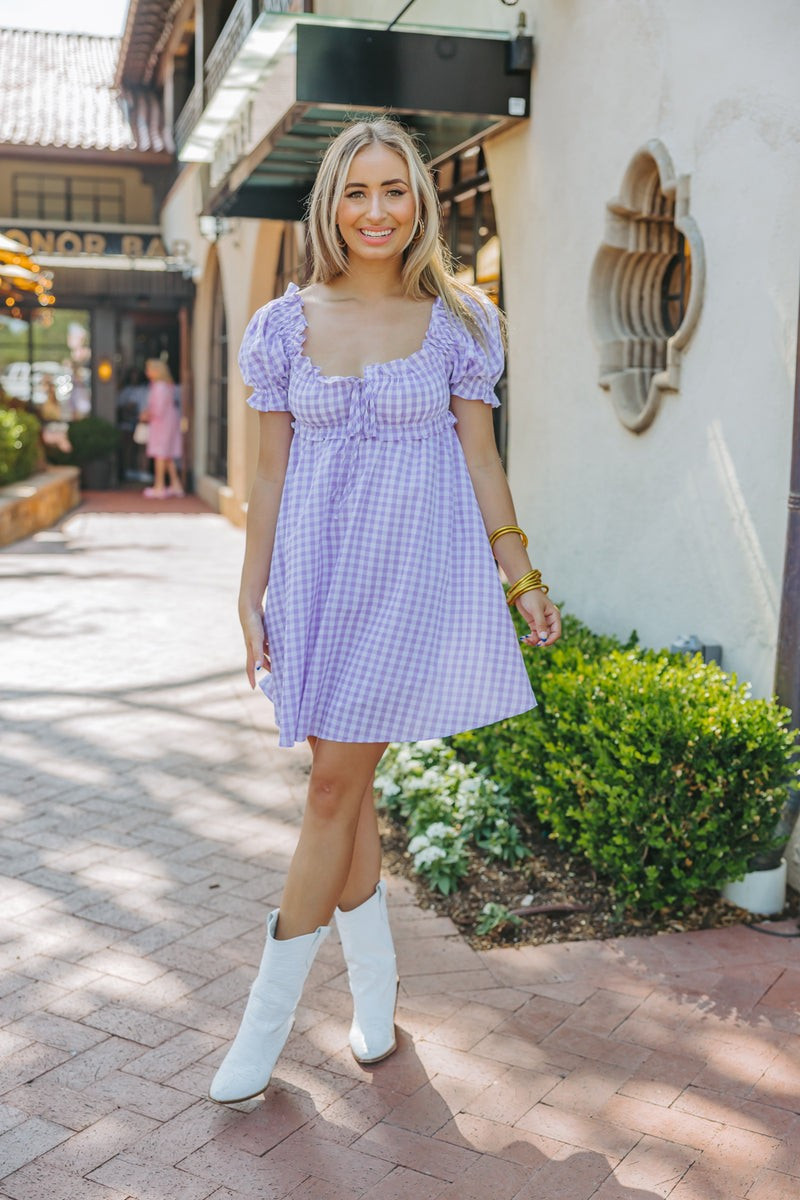 BuddyLove | Jac Puff Sleeve Short Dress | Purple Plaid | BuddyLove