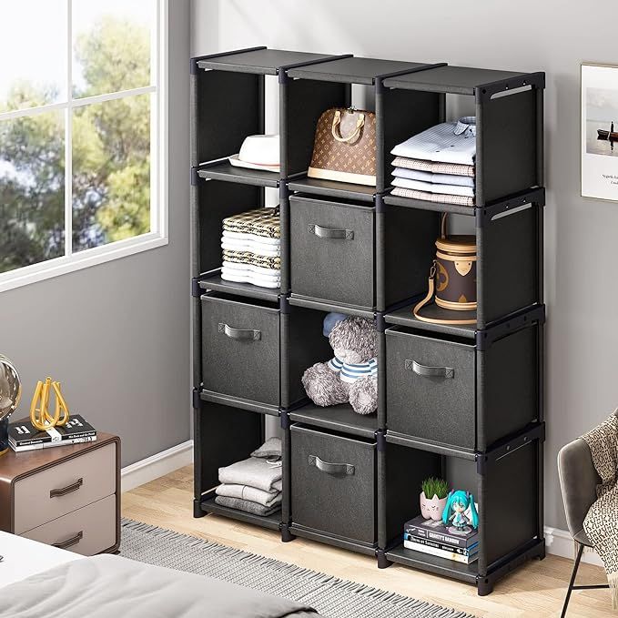12 Cubes Storage Organizer DIY Storage Shelves Stackable Open Bookshelf with 4 Cube Storage Bins ... | Amazon (US)