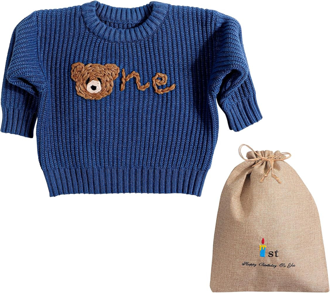 1st First Birthday Outfit Girl Boy One Sweater Embroidery Knit Pullover Fall Winter Clothes with ... | Amazon (US)