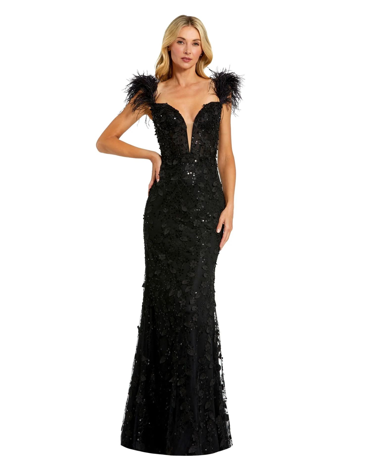 Sheer Applique Bustier Gown with Feather Straps | Mac Duggal