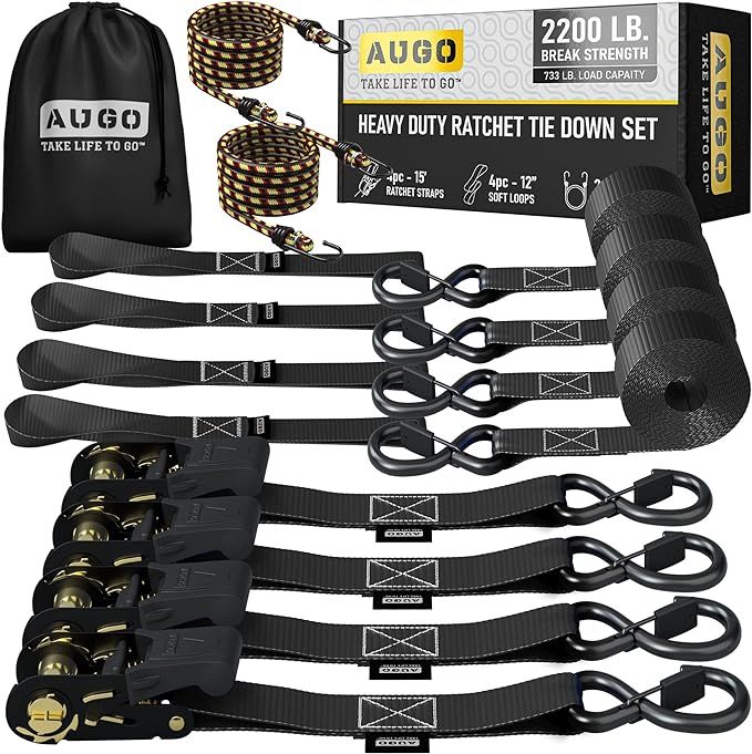 AUGO Ratchet Tie Down Straps –4 PK– 15 FT – 2,200 LB Break Strength – Safety Lock S Hooks... | Amazon (US)