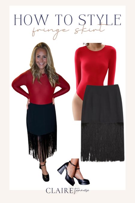 When styling a fringe flowy skirt pair it with a tighter fitting top like this red bodysuit from Pumiey! I went with a chunky black heel from Pink Lily but you could go with red, silver or even a black knee bootie. 

#LTKstyletip #LTKmidsize #LTKHoliday
