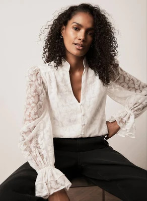 Cream Ruffle Sleeve  Feather Detail Blouse | Mint Velvet - US