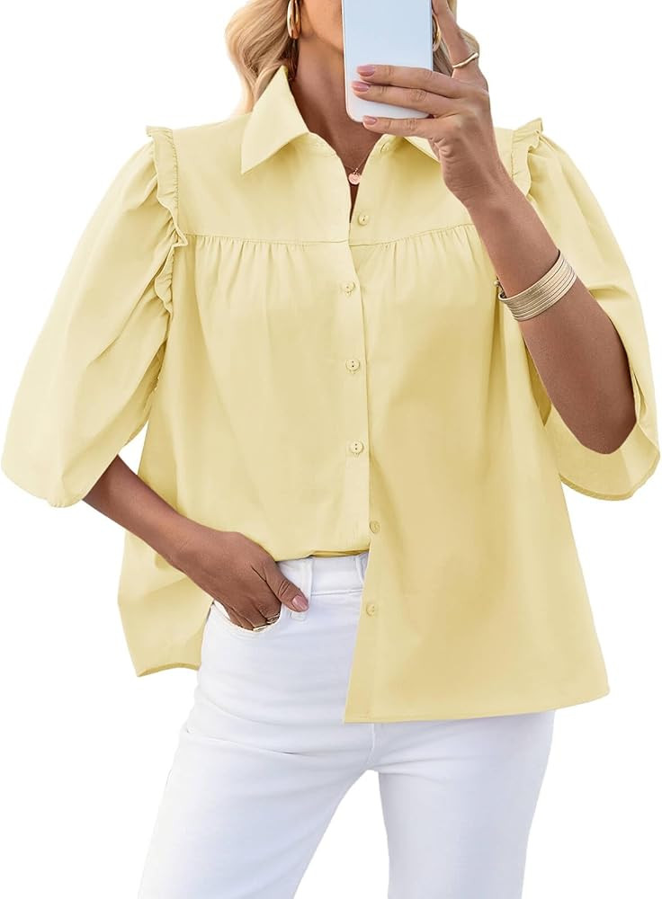 Cicy Bell Womens Summer Button Down Shirts Short Ruffle Puff Sleeve Cotton Blouses Dressy Casual ... | Amazon (US)