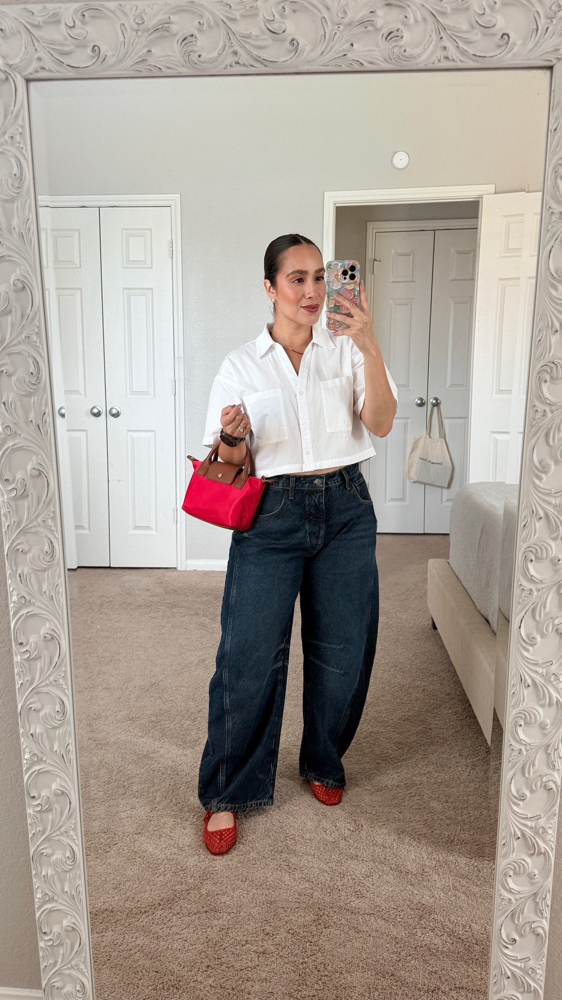 Effortless going out outfit. Free people jeans size 28. Top is Zara but linked similar. Sam Edelman jelly flats. Longchamp look alike from TJ MAXX

#LTKootd #LTKmomlife #LTKPetite