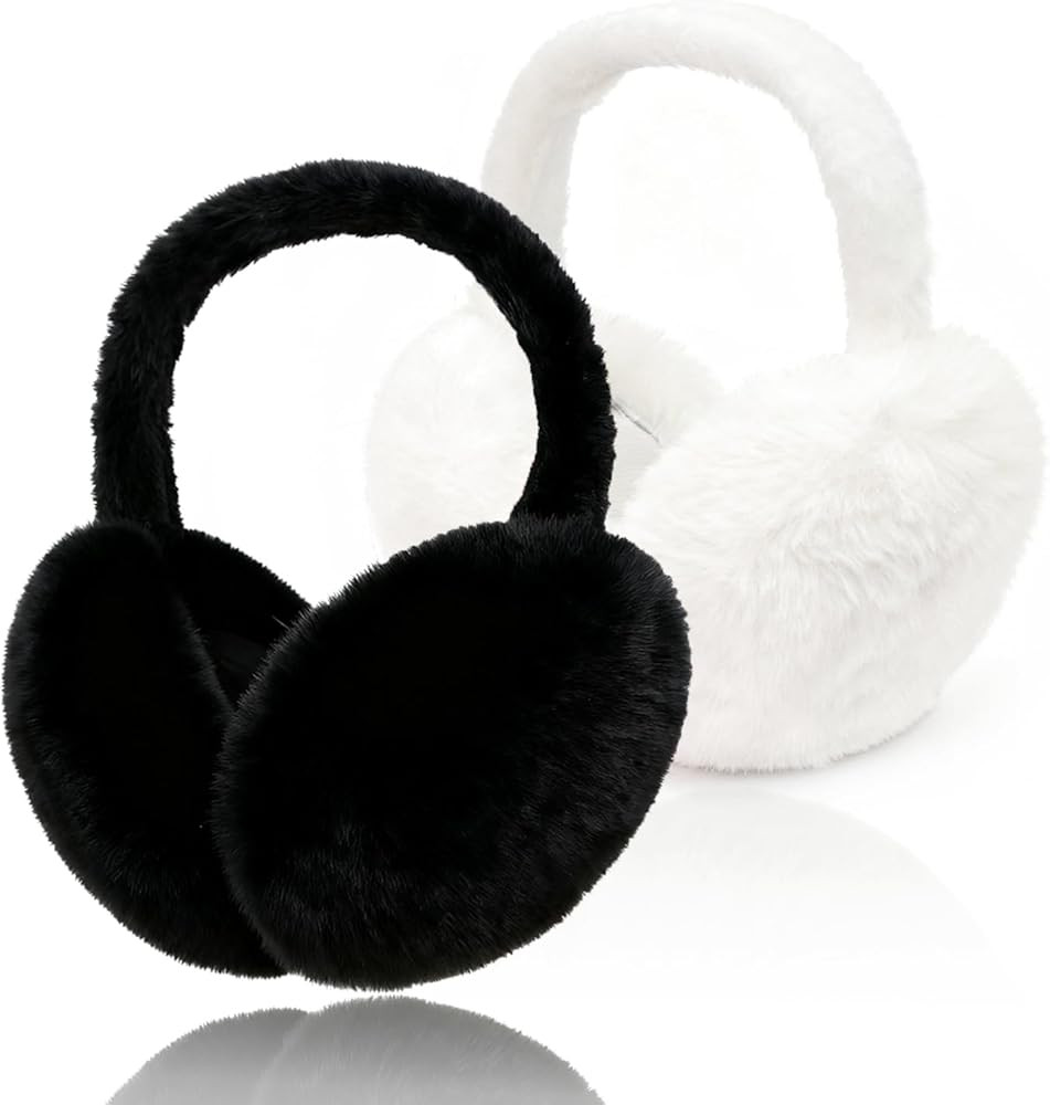 2pcs Earmuffs for Women Winter White Black Fur Earmuffs Foldable Ear Warmer Soft Ear Covers | Amazon (US)