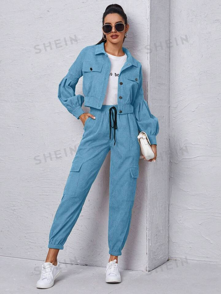 SHEIN Mulvari Flap Detail Corduroy Jacket & Tie Front Cargo Pants Set | SHEIN