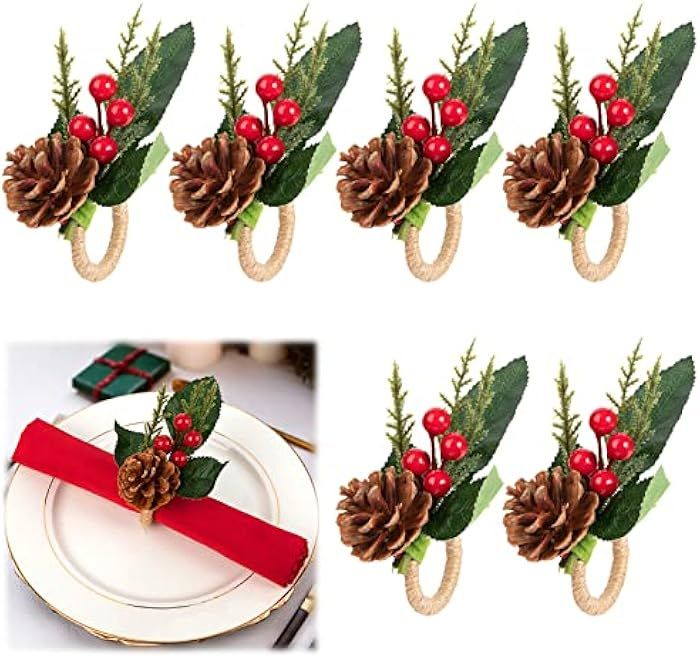 Christmas Napkin Rings- Pine Cones Christmas Napkin Holders Set of 6 with Green Leaves & Berries ... | Amazon (US)