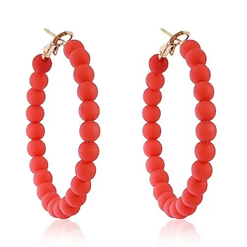 Beaded Hoop Earrings for Women Boho Circle Bead Earrings Fashion Earrings for Women Trendy (Red) | Amazon (US)