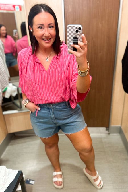 New elbow sleeve popover blouse from Target! Wearing a large. Definitely oversized!  Love the pink stripes!  So cute. 

Size 17 shorts. Need a size 16  

#LTKSeasonal #LTKFindsUnder50 #LTKMidsize