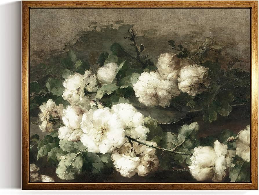 InSimSea Golden Framed Vintage Canvas Wall Art Still Life White Roses On Guitar Romantic Moody Rustic Neutral Print, 8x10inch Flower Painting Botanical Floral Muted Farmhouse Home Room Decor | Amazon (US)