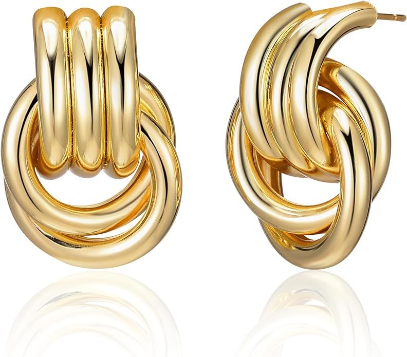POWNOOL Gold Statement Geometric Earrings for Women, Chunky Gold Knot Dangle Drop Long Twisted Li... | Amazon (US)