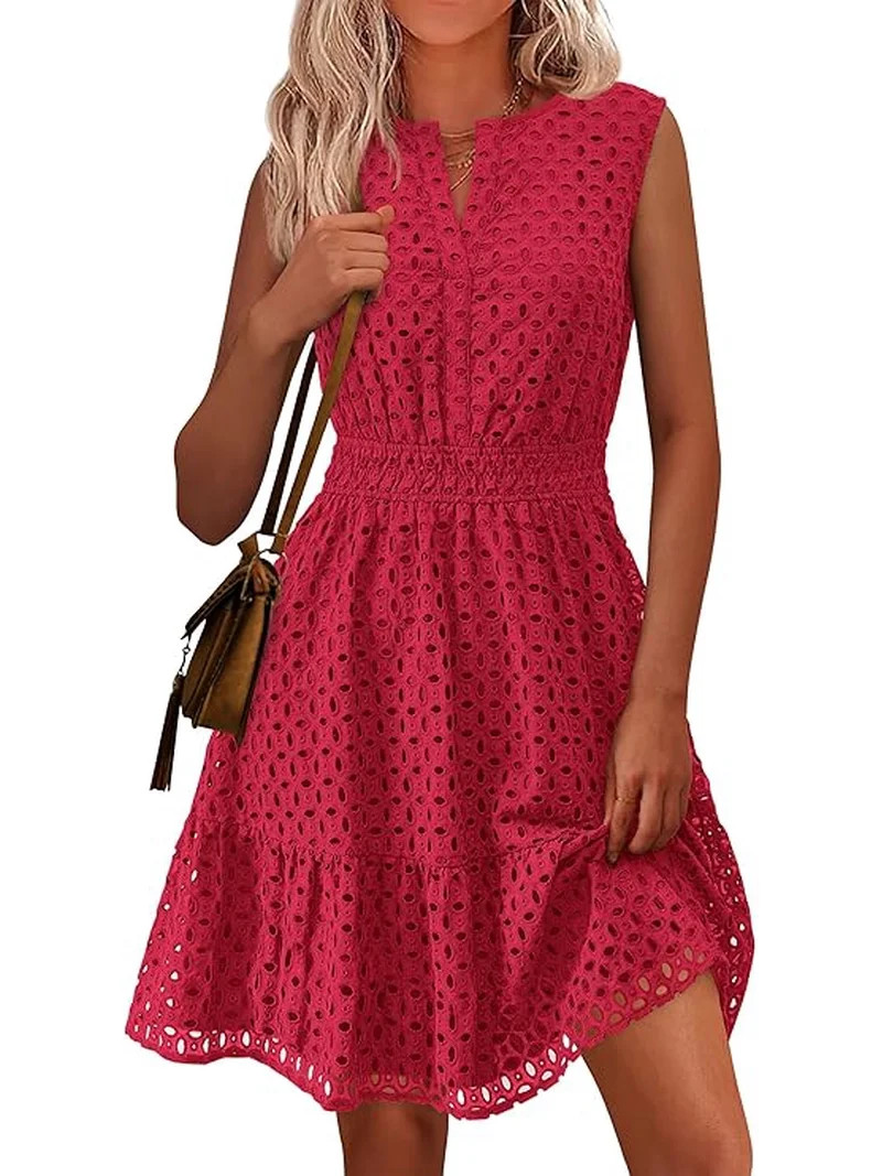 PRETTYGARDEN Women's Summer Dresses Sleeveless V Neck Eyelet Hollow Out Swing A Line Beach Vacati... | Walmart (US)