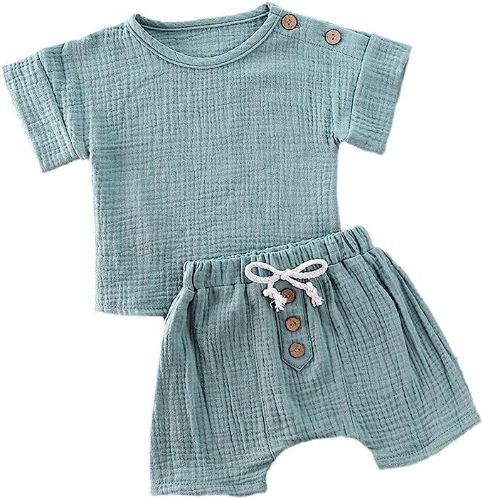 GOOCHEER Toddler Baby Boy Girl Clothes Solid Linen Short Sleeve T-Shirt Tops Shorts Pants Unisex ... | Amazon (US)