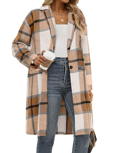 IN'VOLAND Women's Plus Size Flannel Plaid Shacket Jacket Loose Button Wool Blend Winter Tartan Trench Coat with Pockets | Amazon (US)