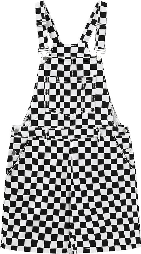 Women's Casual Checkered Bib Overalls Shorts Adjustable Strap Shortall Rompers | Amazon (US)