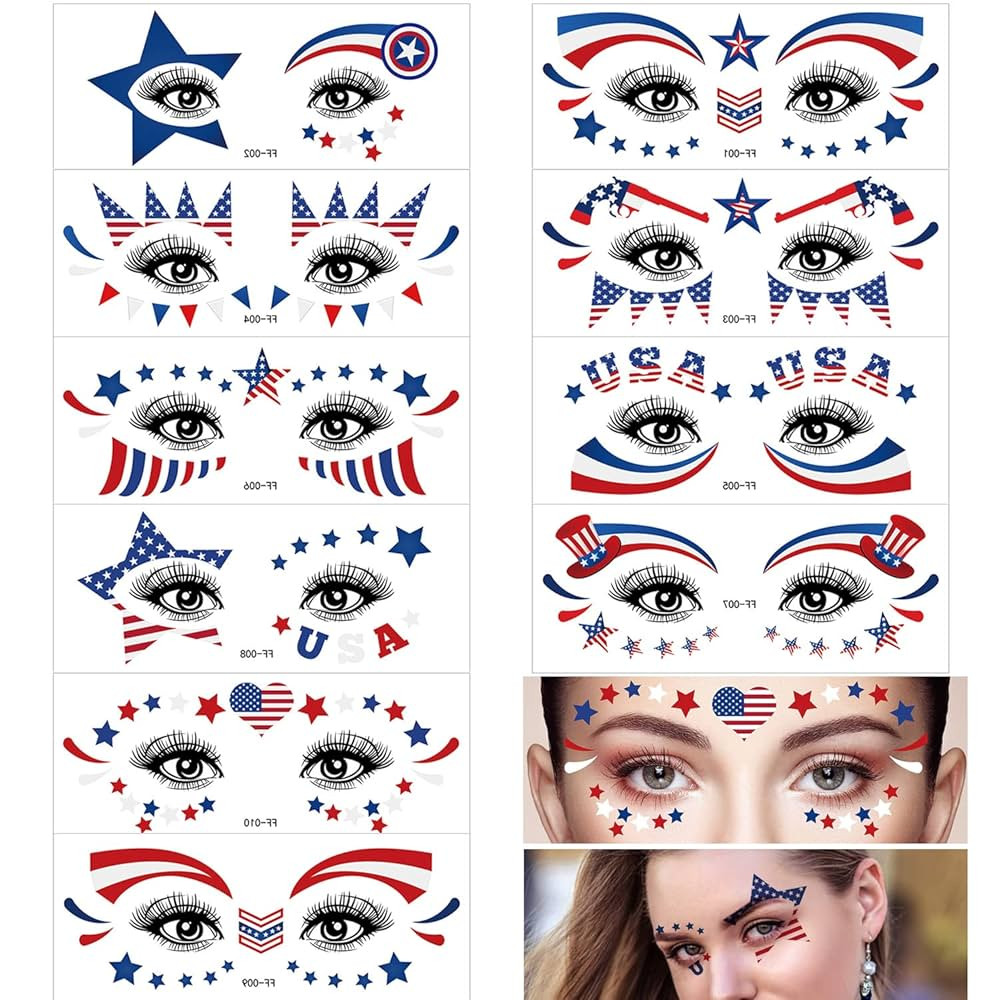 10 Sheets 4th of July Face Tattoo Stickers for Kids Adults Independence Day Temporary Tattoo Red ... | Amazon (US)