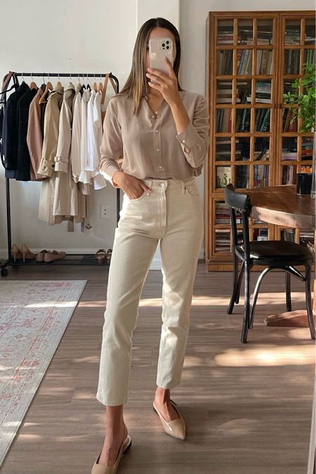 Smart casual / business casual 

Everlane Silk shirt 0 - linked to similar style 
White jeans 25 ankle - linked to similar style 
Slingbacks - linked to other shoe recs 

Workwear / spring style / summer / minimal 

#LTKStyleTip #LTKWorkwear
