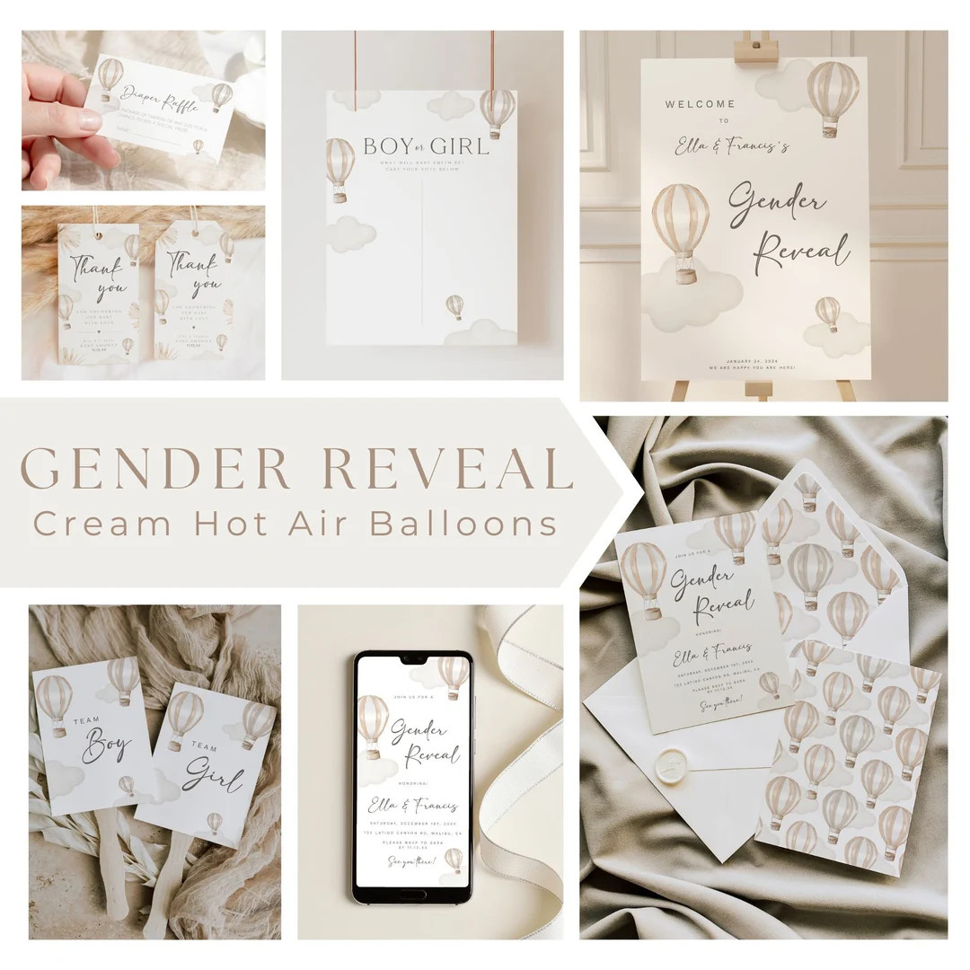 Editable Gender Reveal Cream Hot Air Balloons Template Bundle Boho Printable Gender Neutral Decor... | Etsy (US)
