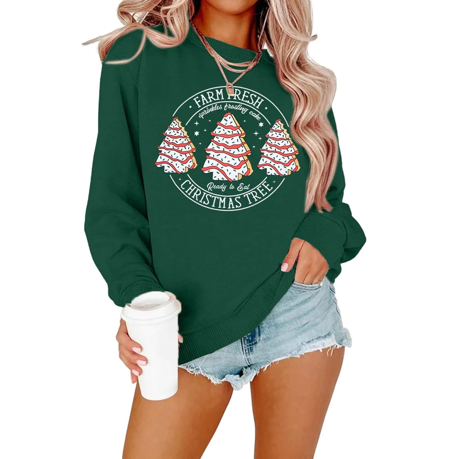 VILOVE Women Farm Fresh Christmas Tree Cakes Sweatshirt Christmas Crew Neck Sweater Xmas Gifts To... | Walmart (US)