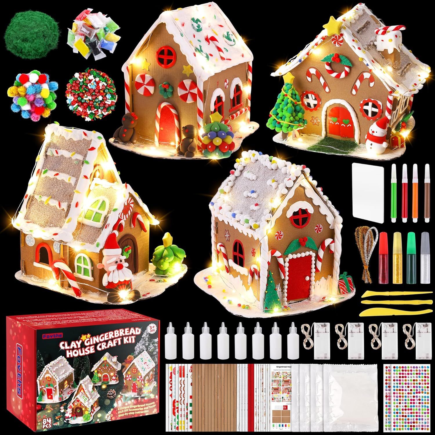 Fovths 4 Sets Clay Christmas Gingerbread House Kit with LED Lights Craft Cardboard Gingerbread Ho... | Amazon (US)