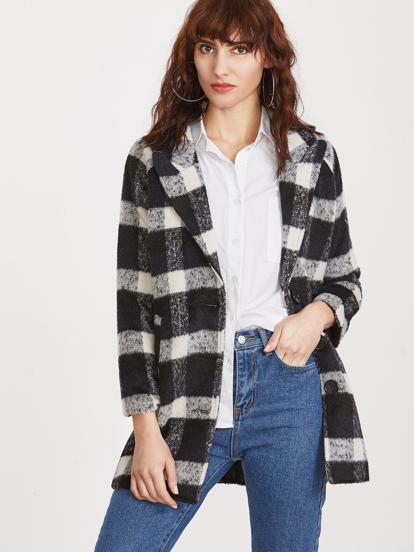 Black Plaid Peak Collar Single Breasted Coat | SHEIN