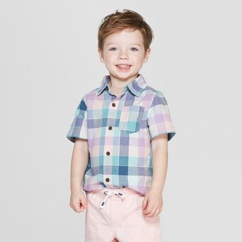 Toddler Boys' Plaid Short Sleeve Button-Down Shirt - Cat & Jack™ Blue | Target