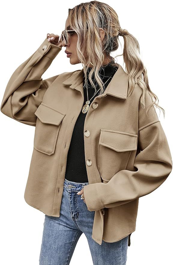 MakeMeChic Women's Wool Blend Button Down Long Sleeve Oversized Shacket Jacket Coat | Amazon (US)