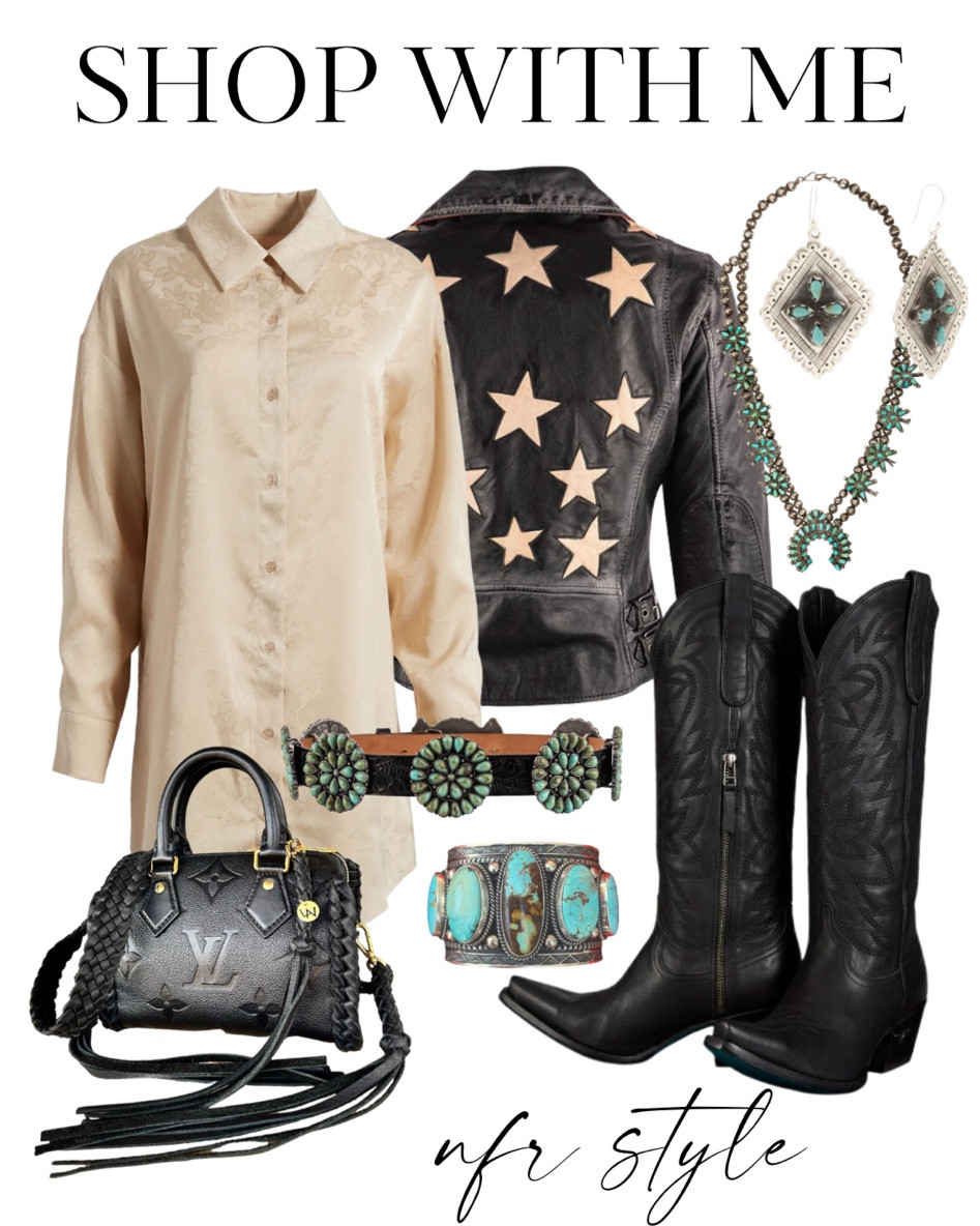 NFR style inspo, leather jacket styling, western boot styling, rodeo fashion, Double D Ranch, Lane Boots
