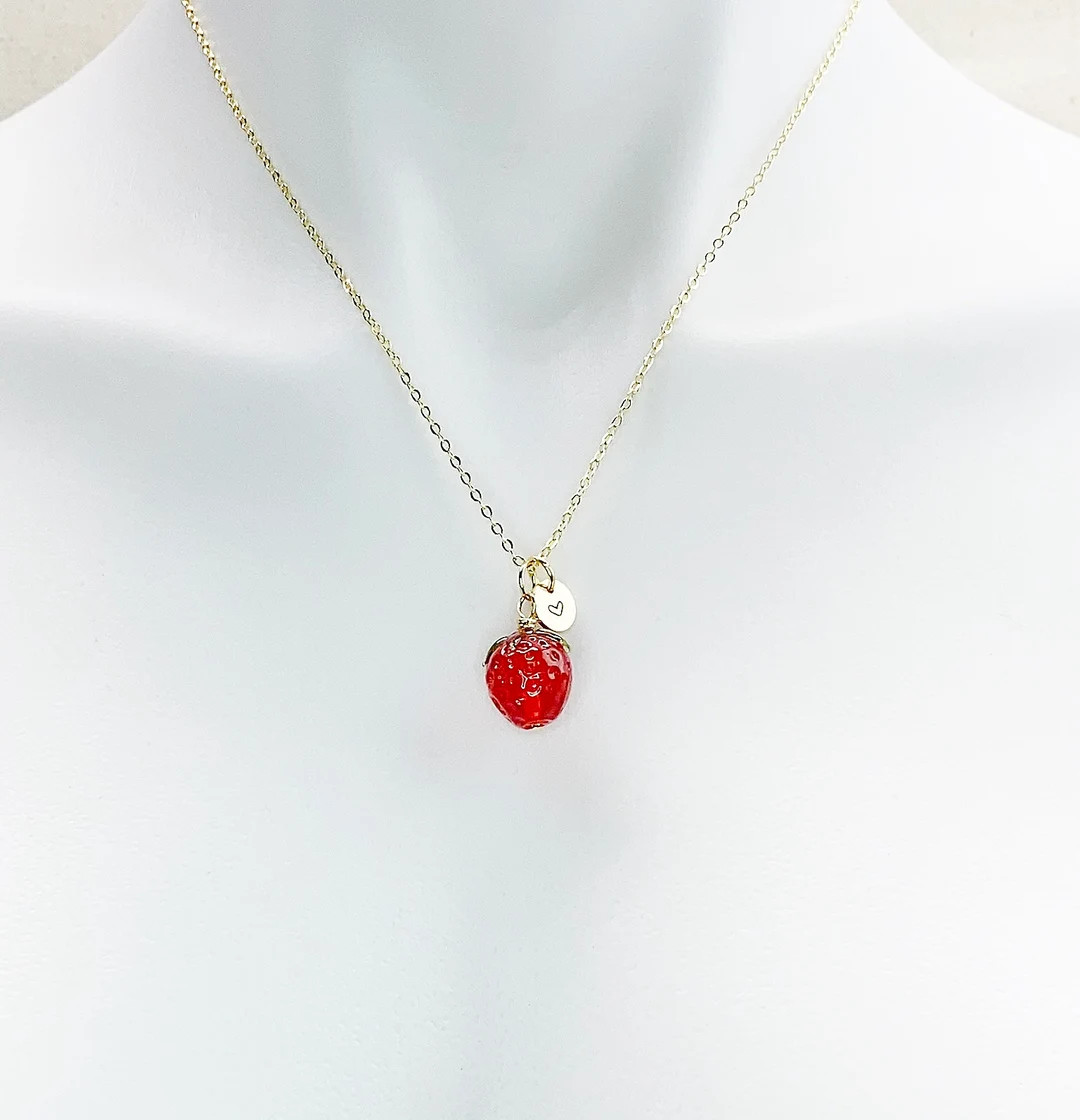 Gold Strawberry Necklace, Handmade Lampwork Strawberry Charm, Personized Initial Necklace, N4983 ... | Etsy (US)