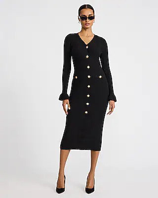 Express Women's Ribbed V-Neck Long Sleeve Novelty Button Midi Dress in Pitch Black | Express