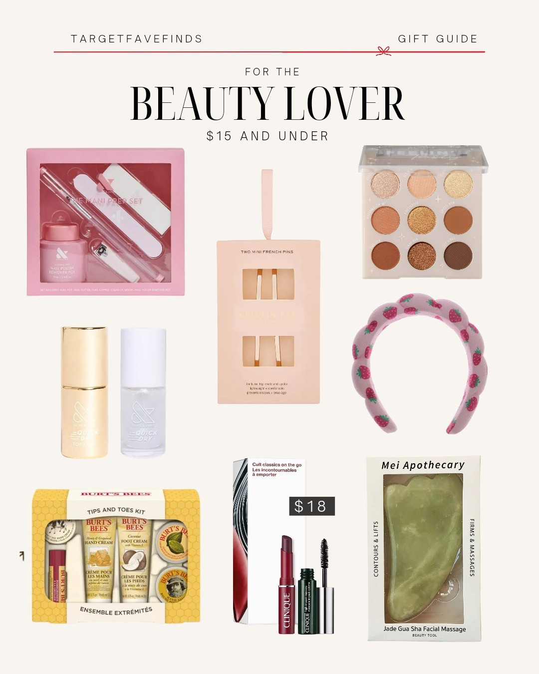 Gift ideas for her, for the beauty lover, $15 and under, budget-friendly, olive and June nail set, Kristin ess French pins mini, colour pop palette, strawberry headband, Burts bees gift set, target targetfavefinds 

#LTKHoliday #LTKGiftGuide #LTKBeauty