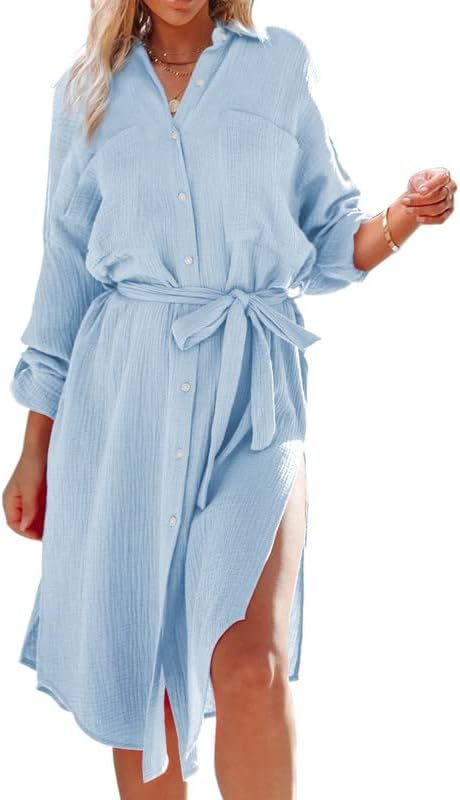 Dokotoo Womens 2023 Button Down Long Sleeve Side Split Beach Cover Ups Shirt Dress with Pockets | Amazon (US)