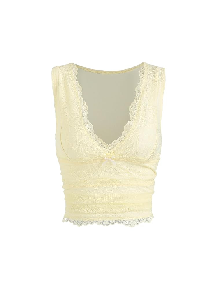CIDER Lace Crop Tank Tops for Women Summer V Neck Sleeveless Going Out Tops Ruched Sexy Tee Trend... | Amazon (US)