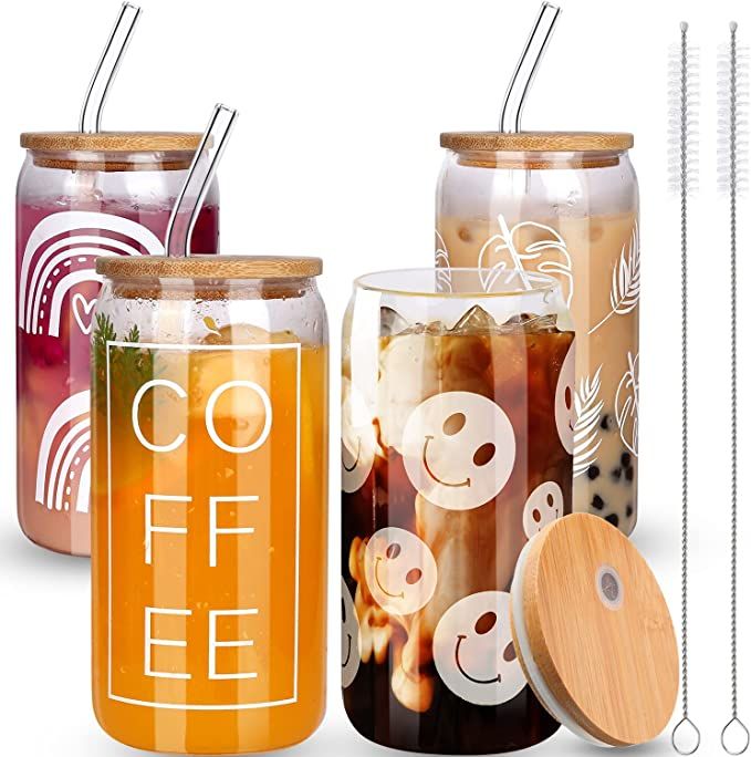 KAUND 4 PCS Ice Coffee Cup with Bamboo Lids and Glass Straw,16oz Sublimation Boho Printed Beer Ca... | Amazon (US)