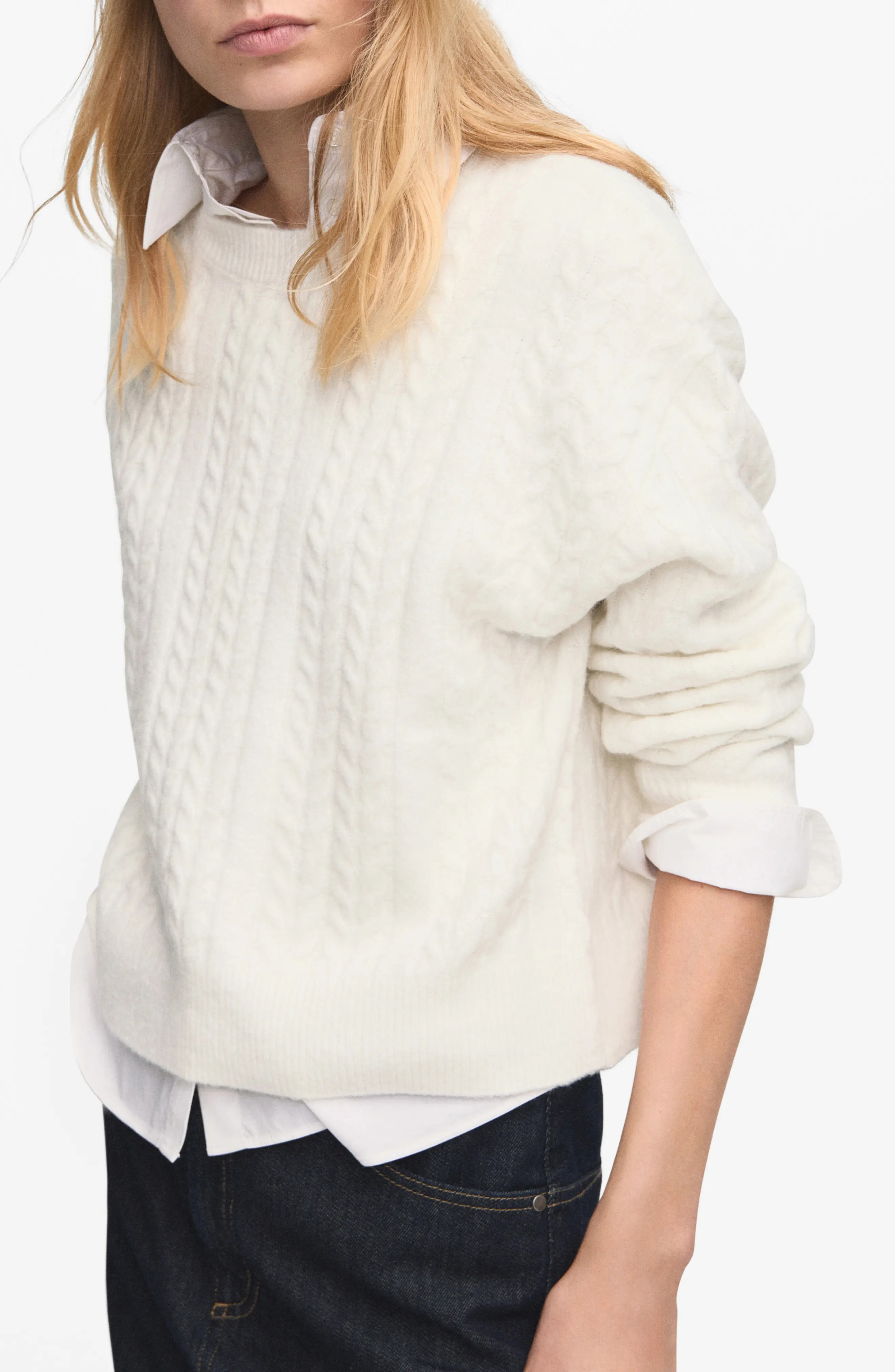 MANGO Cable Stitch Crewneck Sweater (Women) | Nordstrom | Nordstrom