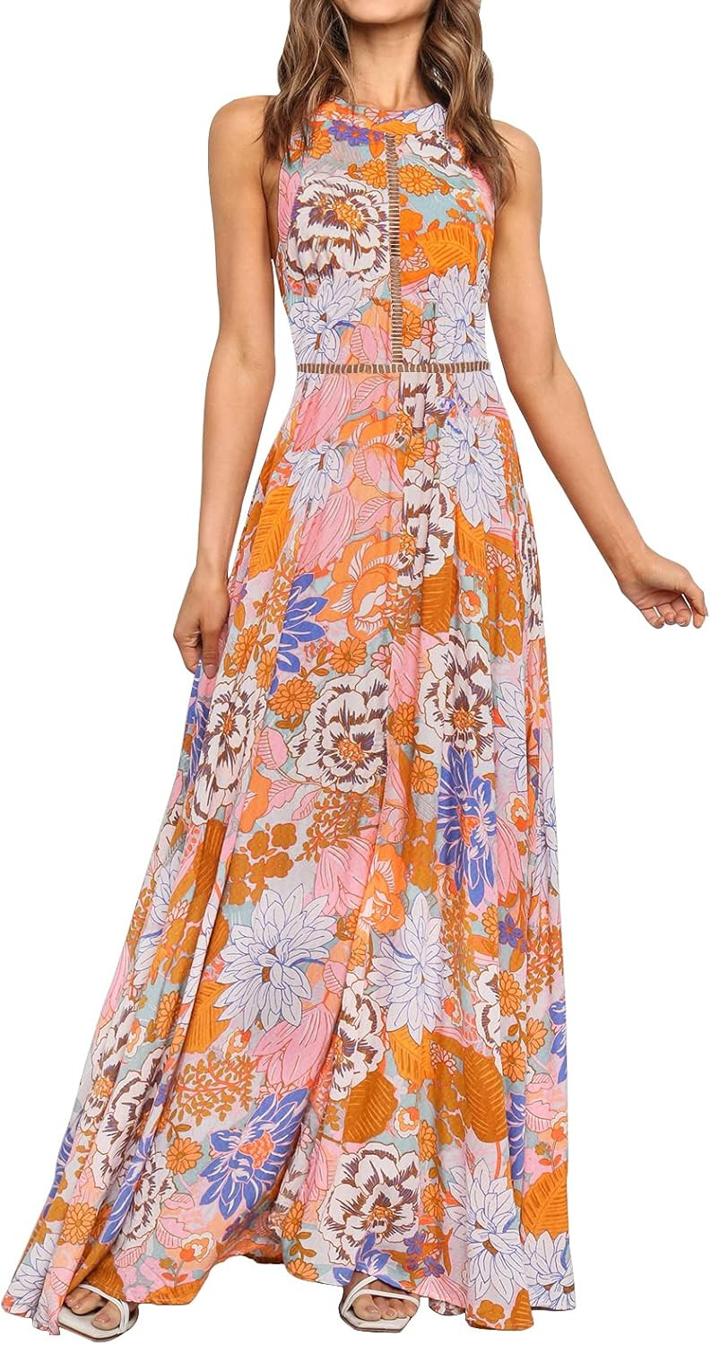 ZESICA Women's 2023 Summer Halter Neck Floral Print Backless Split Beach Party Maxi Dress | Amazon (US)