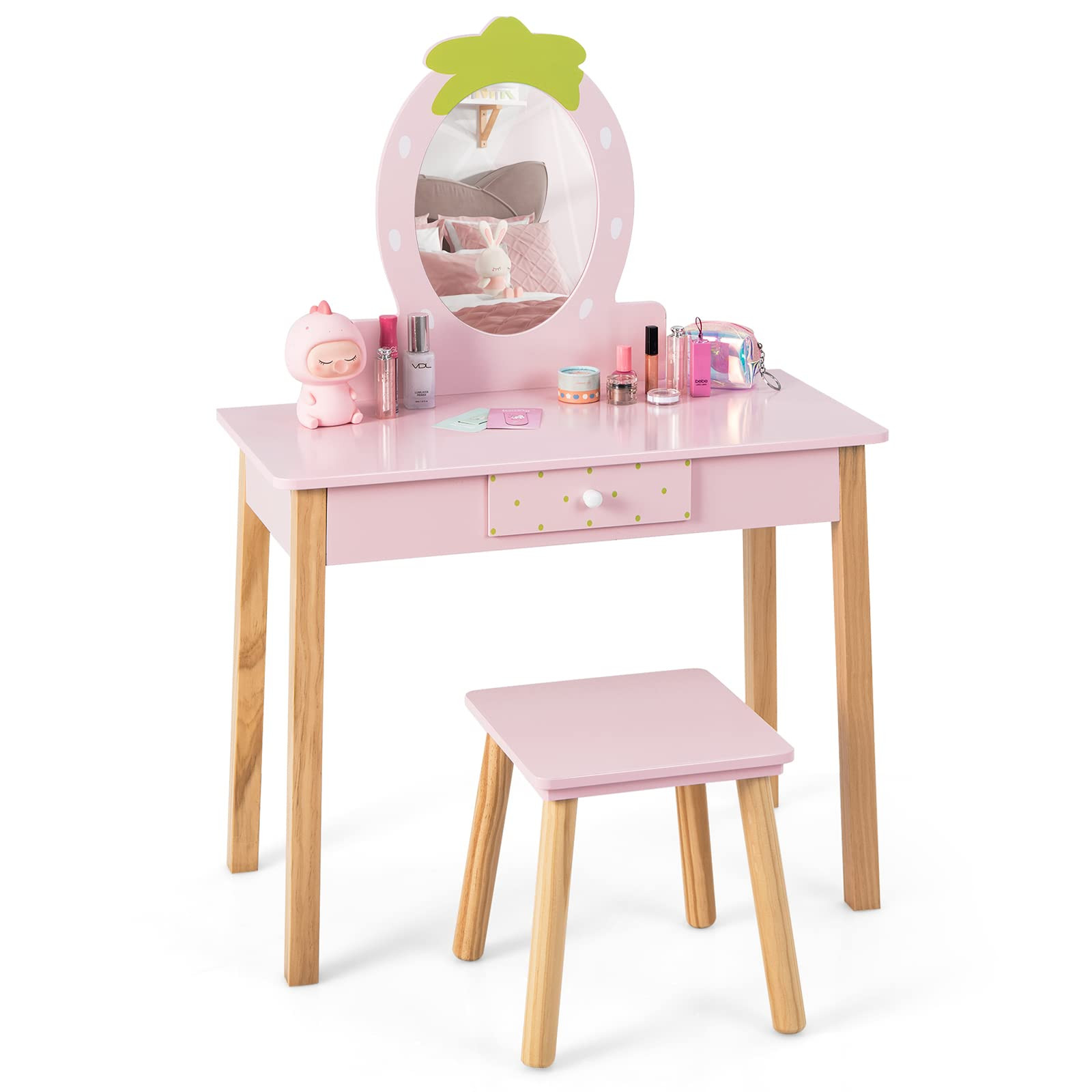 Costzon Kids Vanity Set with Mirror, Wooden Princess Makeup Dressing Table with Stool & Storage D... | Amazon (US)