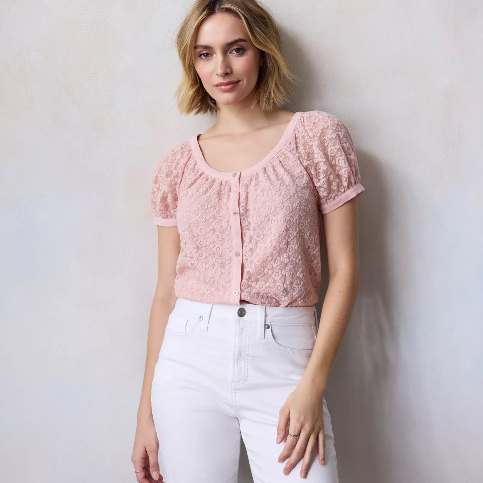 Women's LC Lauren Conrad Puff Sleeve Lace Blouse | Kohl's