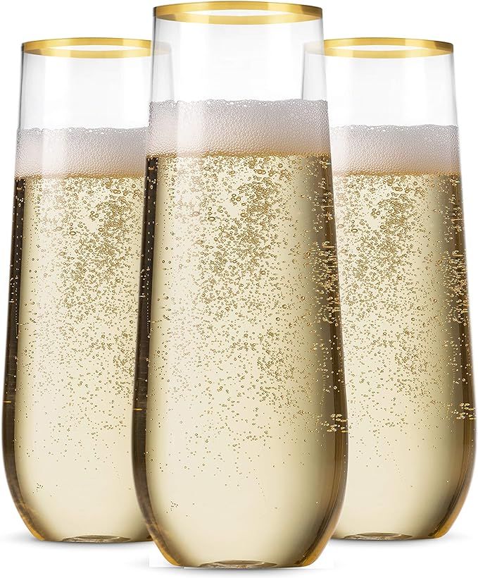 48 Pack Stemless Plastic Champagne Flutes Disposable 9 Oz Gold Rim Clear Plastic Toasting Glasses... | Amazon (US)